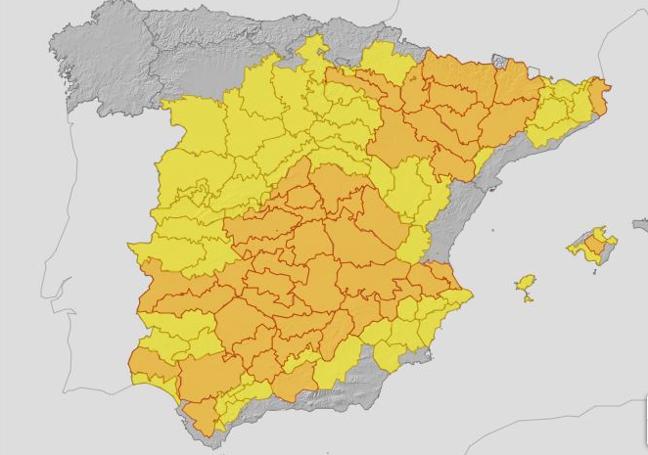 Mapa de avisos para la península este viernes.