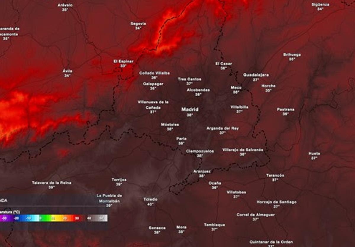 Temperaturas máximas previstas a las 17:00 horas del jueves, en la Comunidad de Madrid.