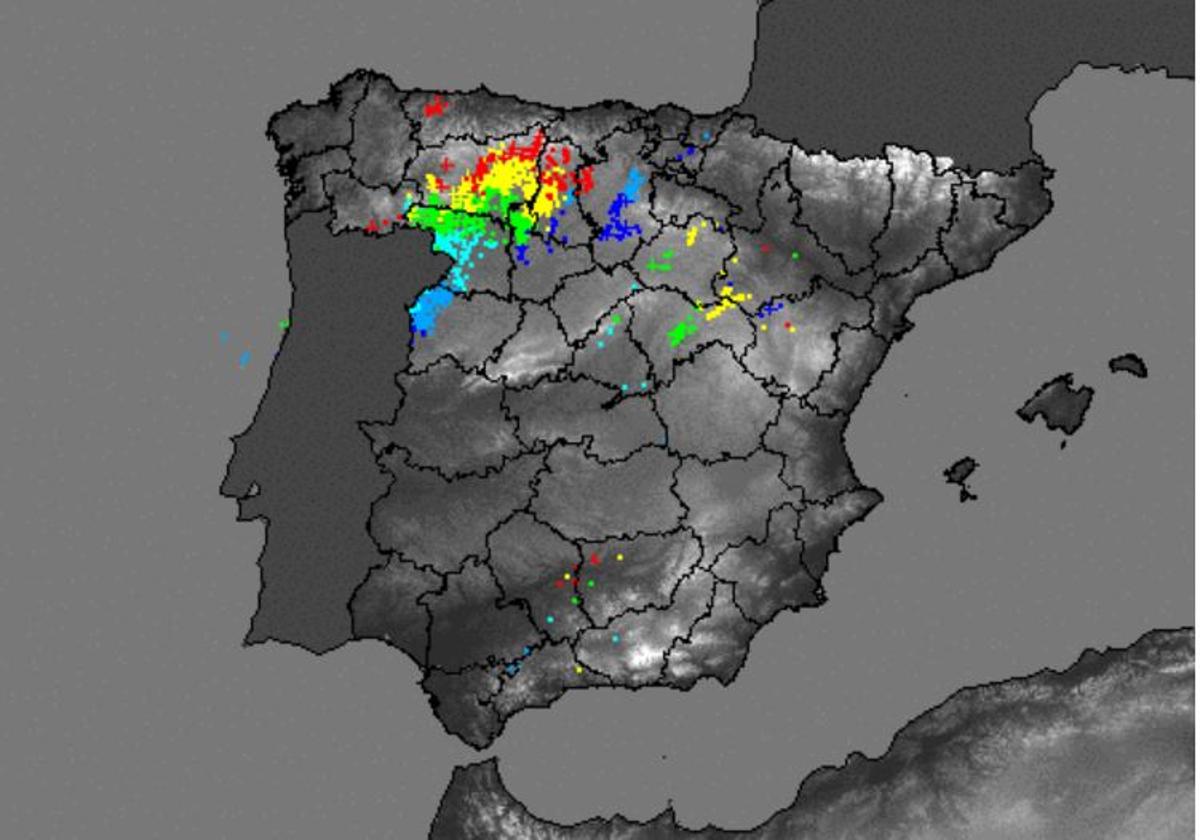 Mapa de rayos caídos sobre la península esta madrugada.