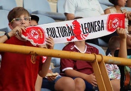 Varios jóvenes aficionados en la grada del Reino de León.