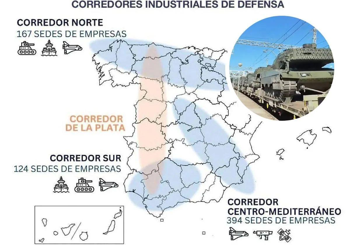 Mapa que aparece en el informe Estrategia Industrial de Defensa 2023, que ya incluye el proyecto del Corredor de la Plata.