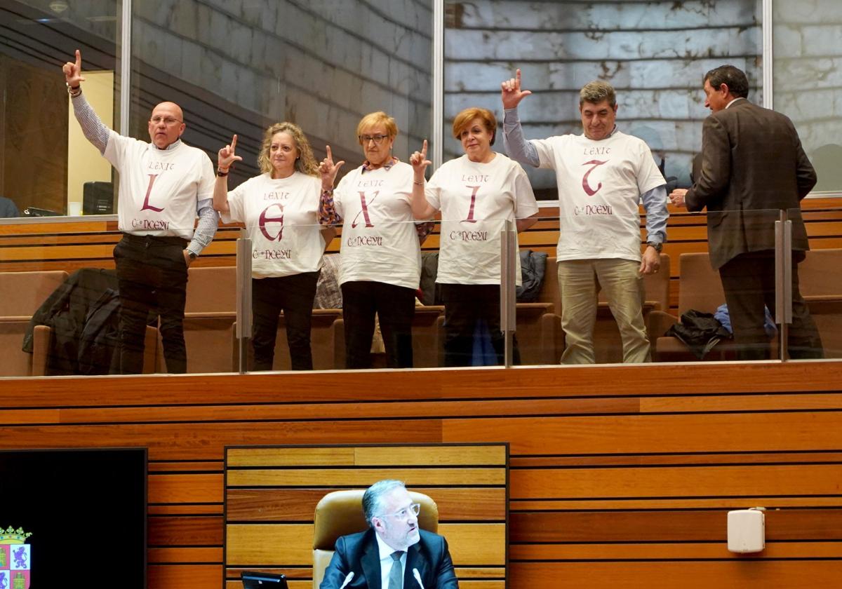 Vecinos de León e integrantes de Conceyu se manifiestan durante el Pleno de las Cortes de Castilla y León a favor del 'Lexit'.