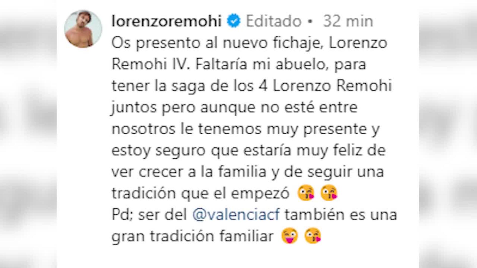 Lorenzo Remohi recuerda con unas emotivas palabras a su abuelo tras el nacimiento de su hijo