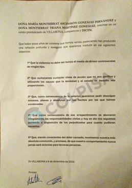 Imagen - La carta firmada por las condenadas dirigida a la jueza de Oviedo.