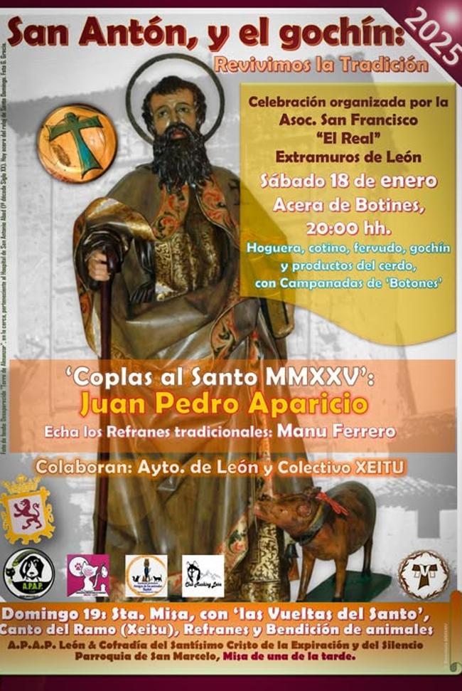 Cartel con los actividades dedicadas a San Antón en León en 2025.