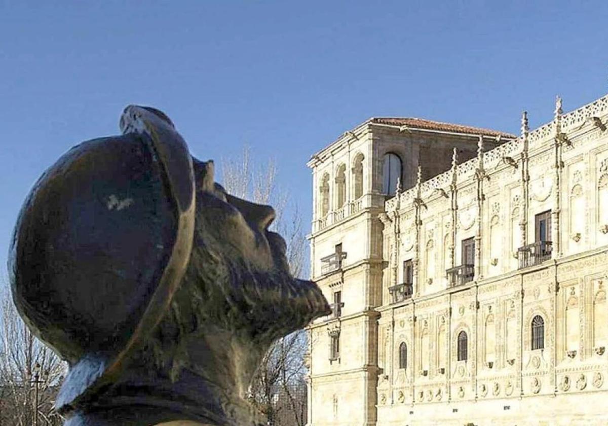 El peregrino mirando el parador de San Marcos.