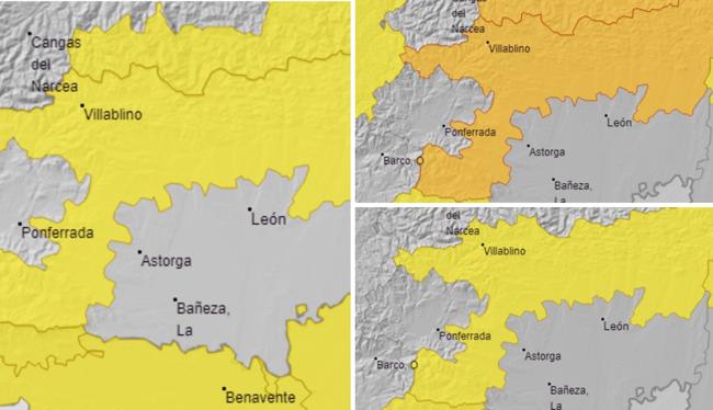 Avisos meteorológicos en León para el miércoles (izquierda), jueves (arriba derecha) y viernes (abajo derecha).