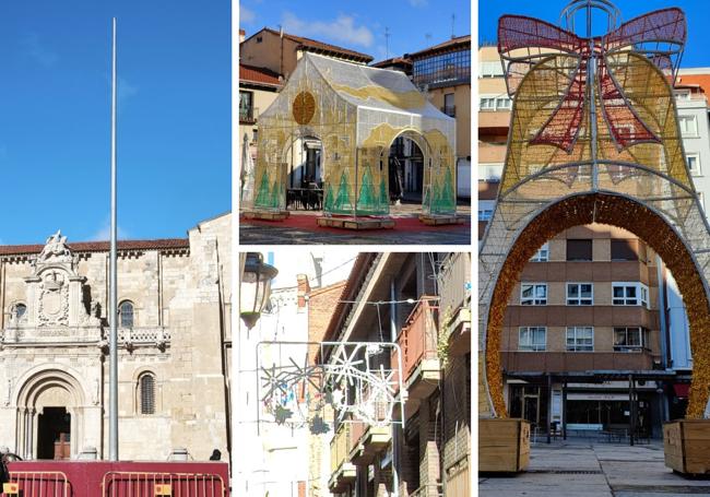 El mástil del árbol en San Isidoro, la casita en San Marcelo, luces en la calle Mariano Domínguez Berrueta y la gran campana en la plaza de las Cortes Leonesas, en febrero.
