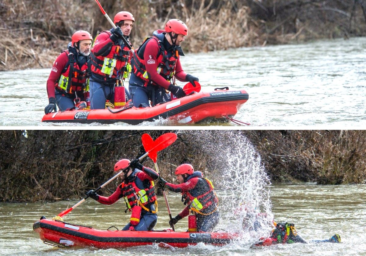 Bomberos realizando prácticas con la nueva embarcación estos días en aguas del río Bernesga.