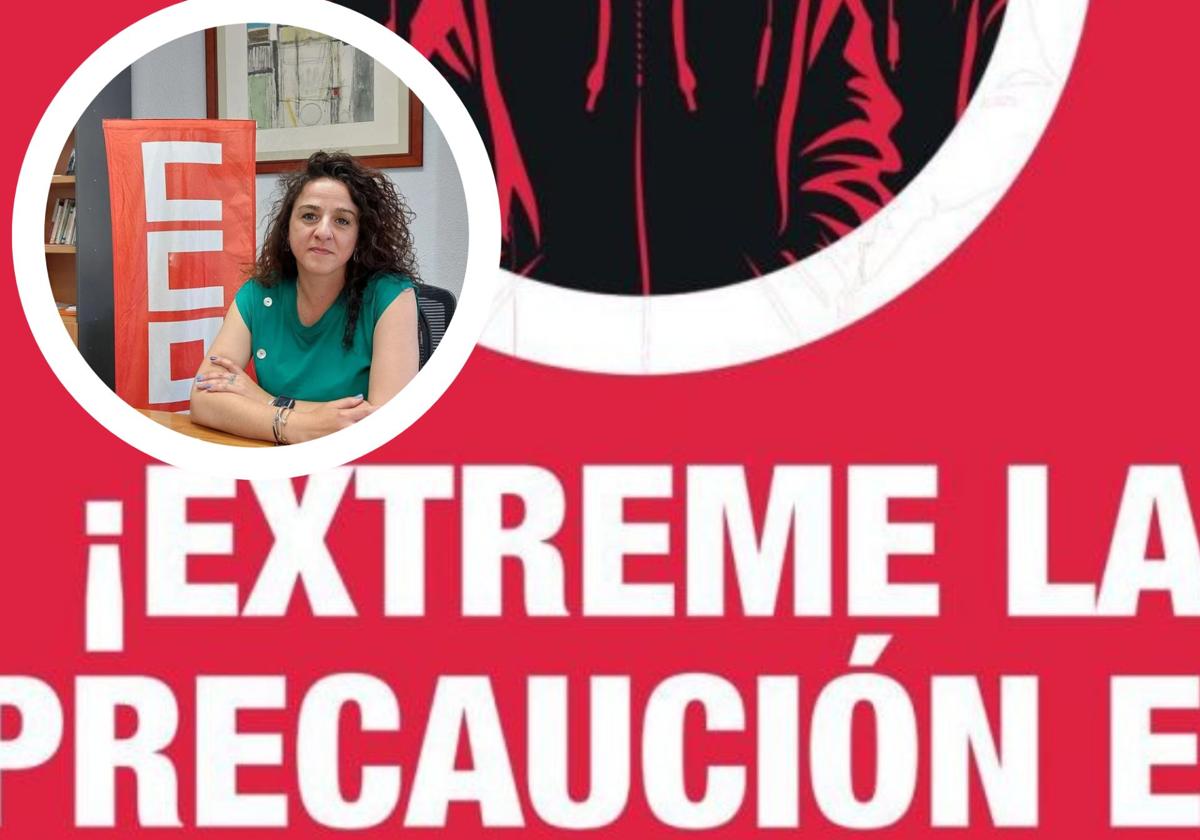 Mensjae del cartel colocado por Vox y, en pequeño, la secretaria de CCOO en León, Elena Blasco.