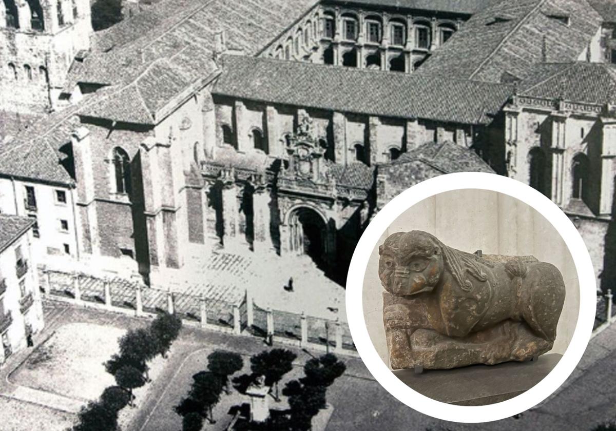 Real Colegiata Basílica de San Isidoro en 1946 y, en pequeño, el león expuesto en el Louvre.