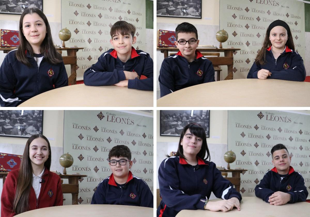 De izquierda a derecha y de arriba a abajo: Carolina, Saúl, Daniel, Noa, Carlota, Lucas, Ángela y Cristian, alumnos del Colegio Leonés.
