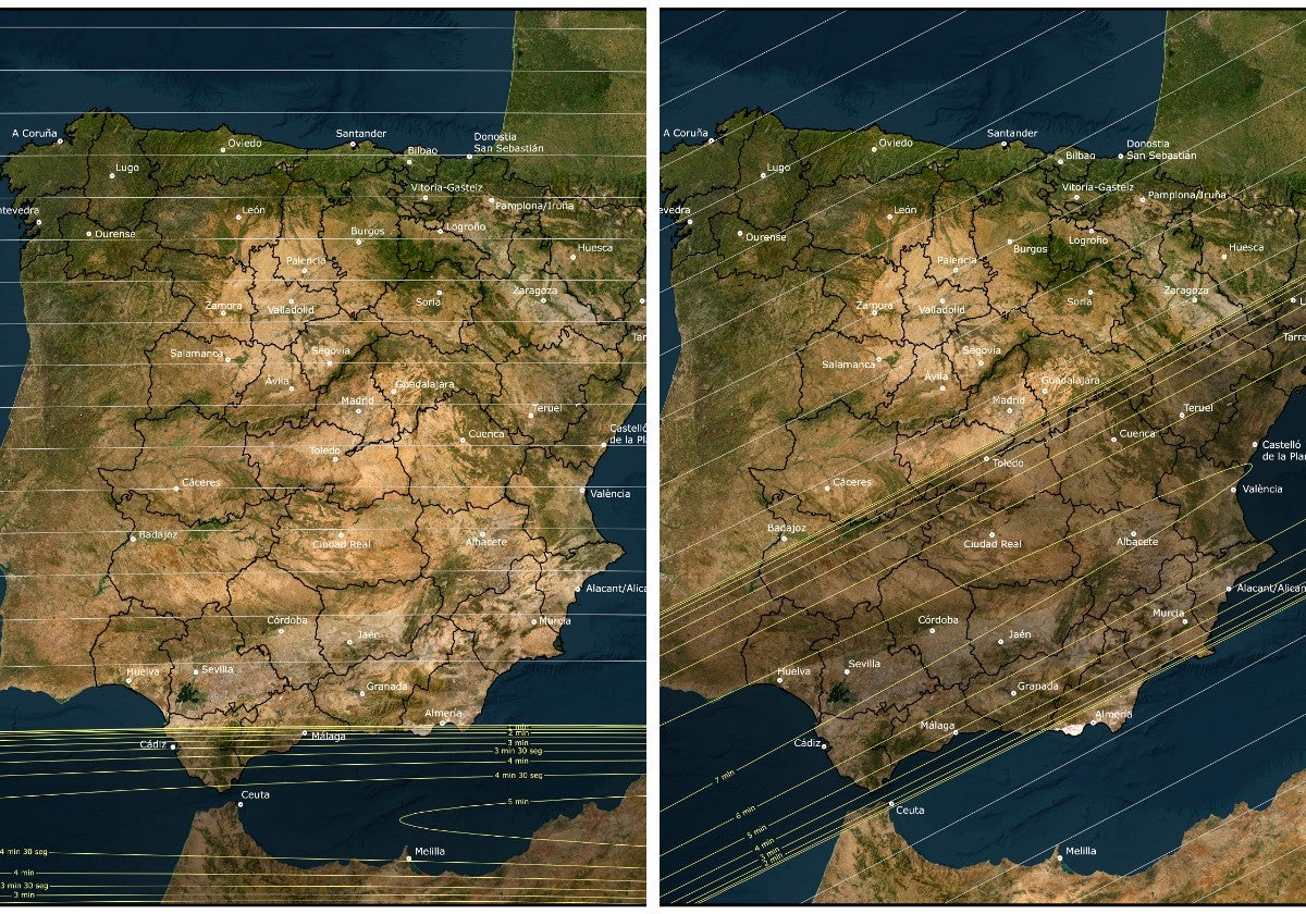 Mapa con los eclipses de 2027 (total) y 2028 (anular).