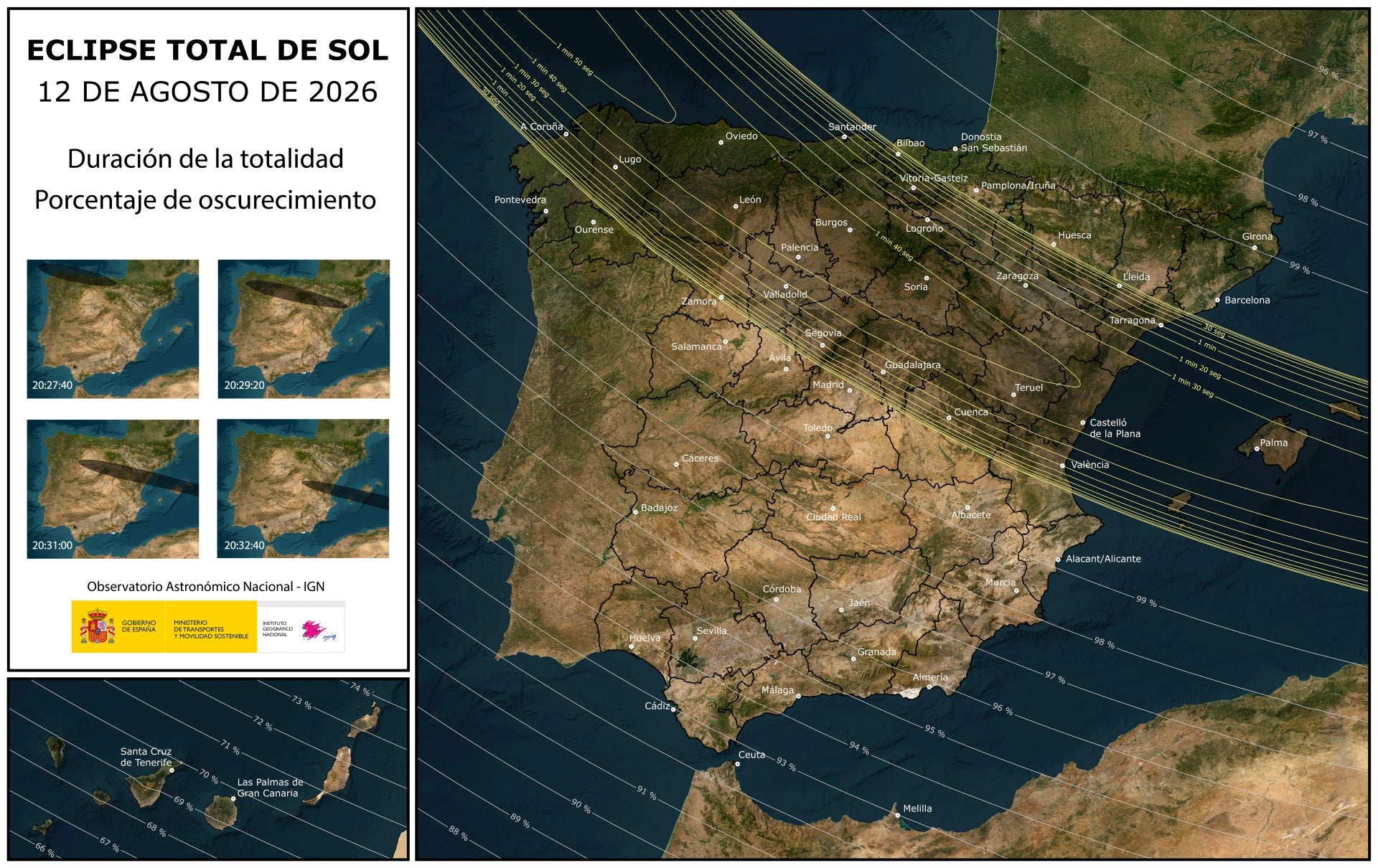 Mapa del noroeste de la Península Ibércia que muestra a León como una de las mejores provincias para ver el eclipse total de Sol el 12 de agosto de 2026.