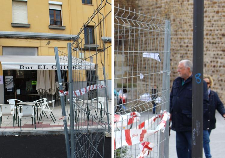 El bar El Chigre recupera su terraza tras meses con las vallas frente a su puerta (izq.); y Antonio González, observando el final de las obras en el lugar donde vivió hace décadas. (der.)