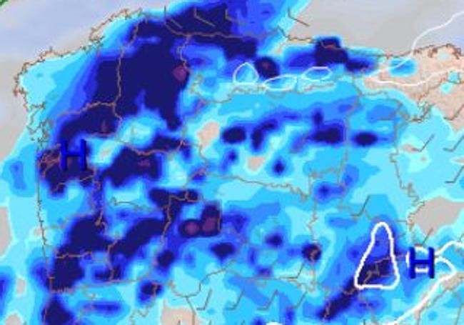 Precipitación prevista acumulada para las últimas seis horas del Sábado de Pasión (cuanto más oscuro el azul o violeta, más cantidad).