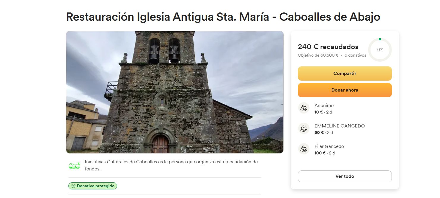 Captura de la campaña de 'micromecenazgo' de la Igleisa Antigua Santa María de Caboalles de Abajo