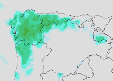 Precipitación máxima según el modelo meteorológico CEPPM entre las dos y las ocho de la tarde del domingo 18 de mayo.