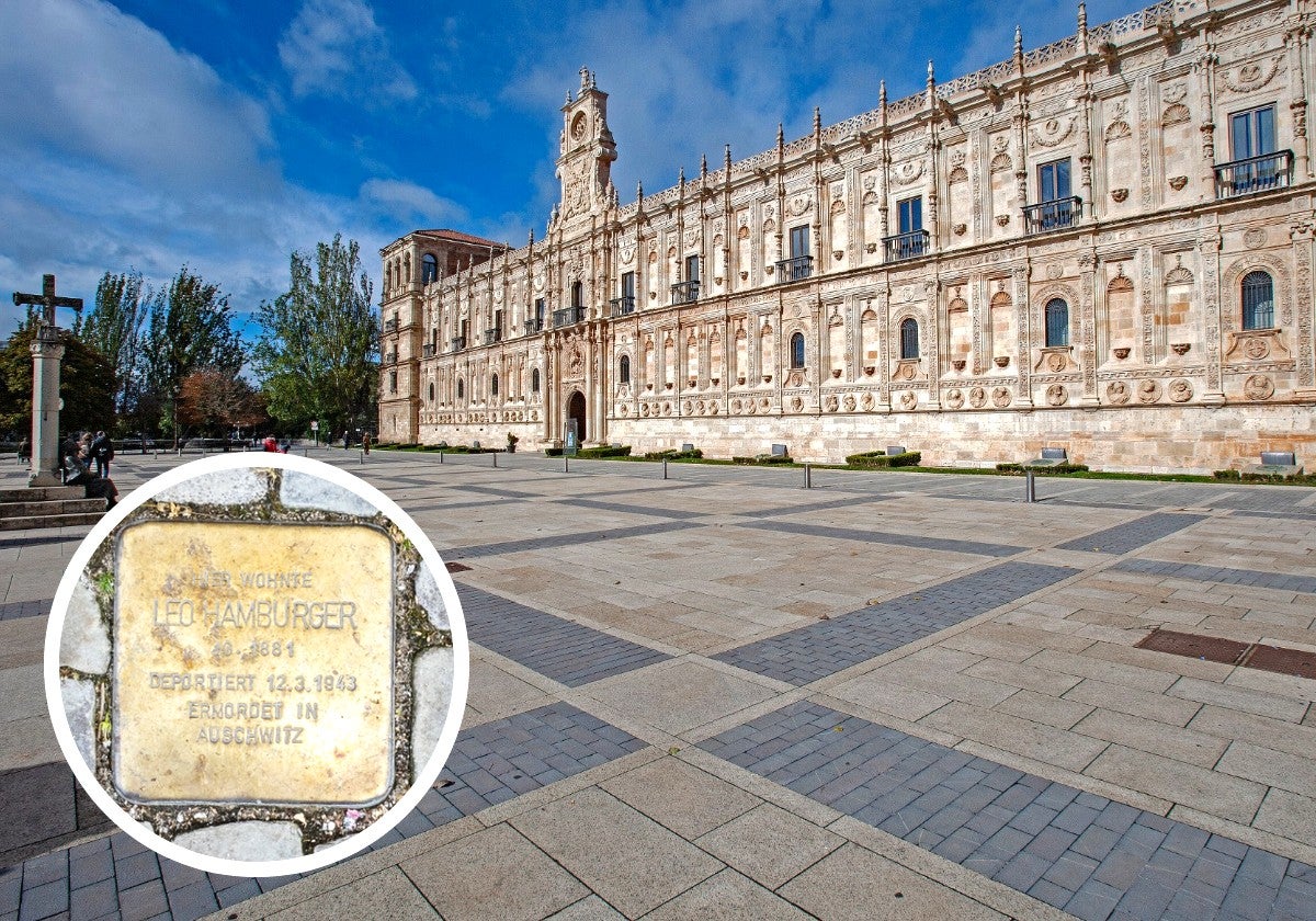 La fachada de San Marcos en León y una''stolpersteine'.