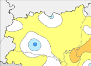 En amarillo y naranja las zonas con una temperatura superior al promedio; en blanco, normal; y en azul por debajo.