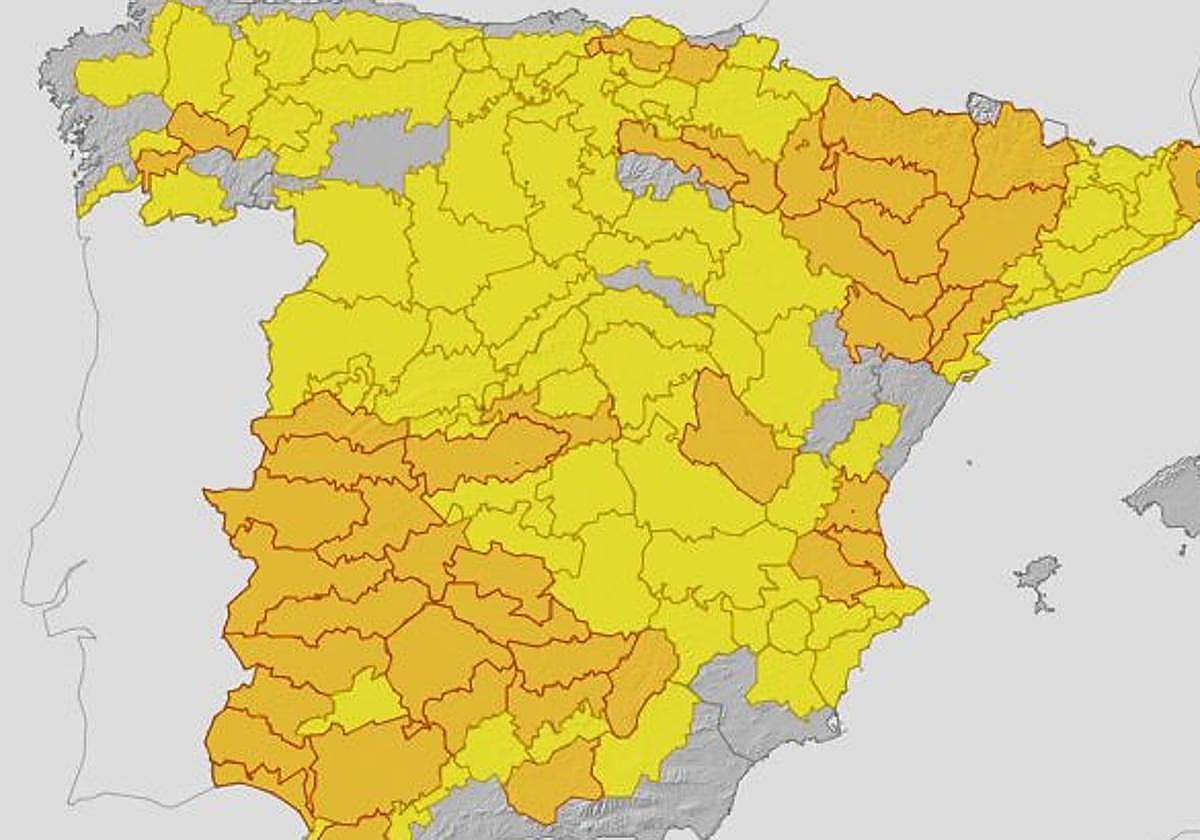El mapa de avisos de la Aemet son alertas de calor en El Bierzo y de tormentas en la cordillera leonesa.