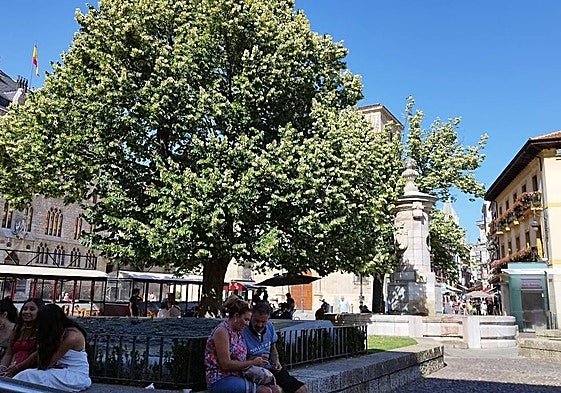 Varias personas conversan a la sombra con Botines al fondo.