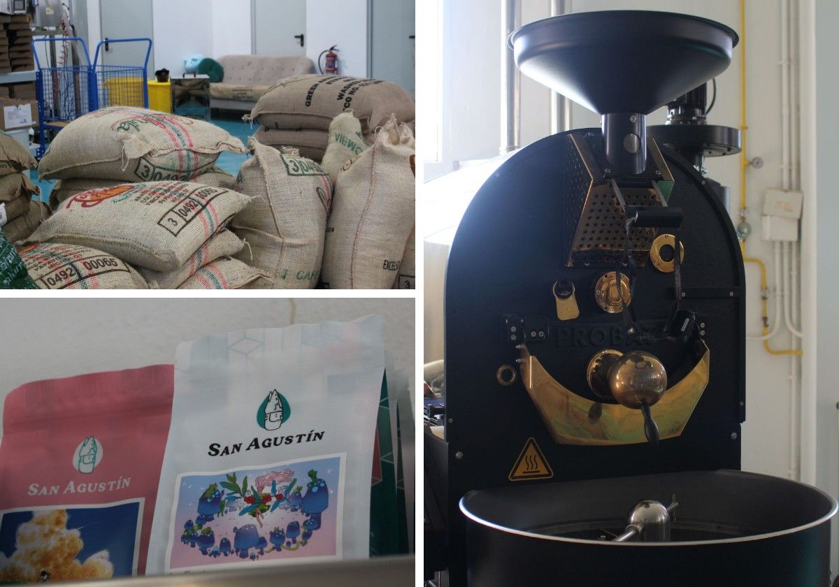El café, la tostadora y el producto final.