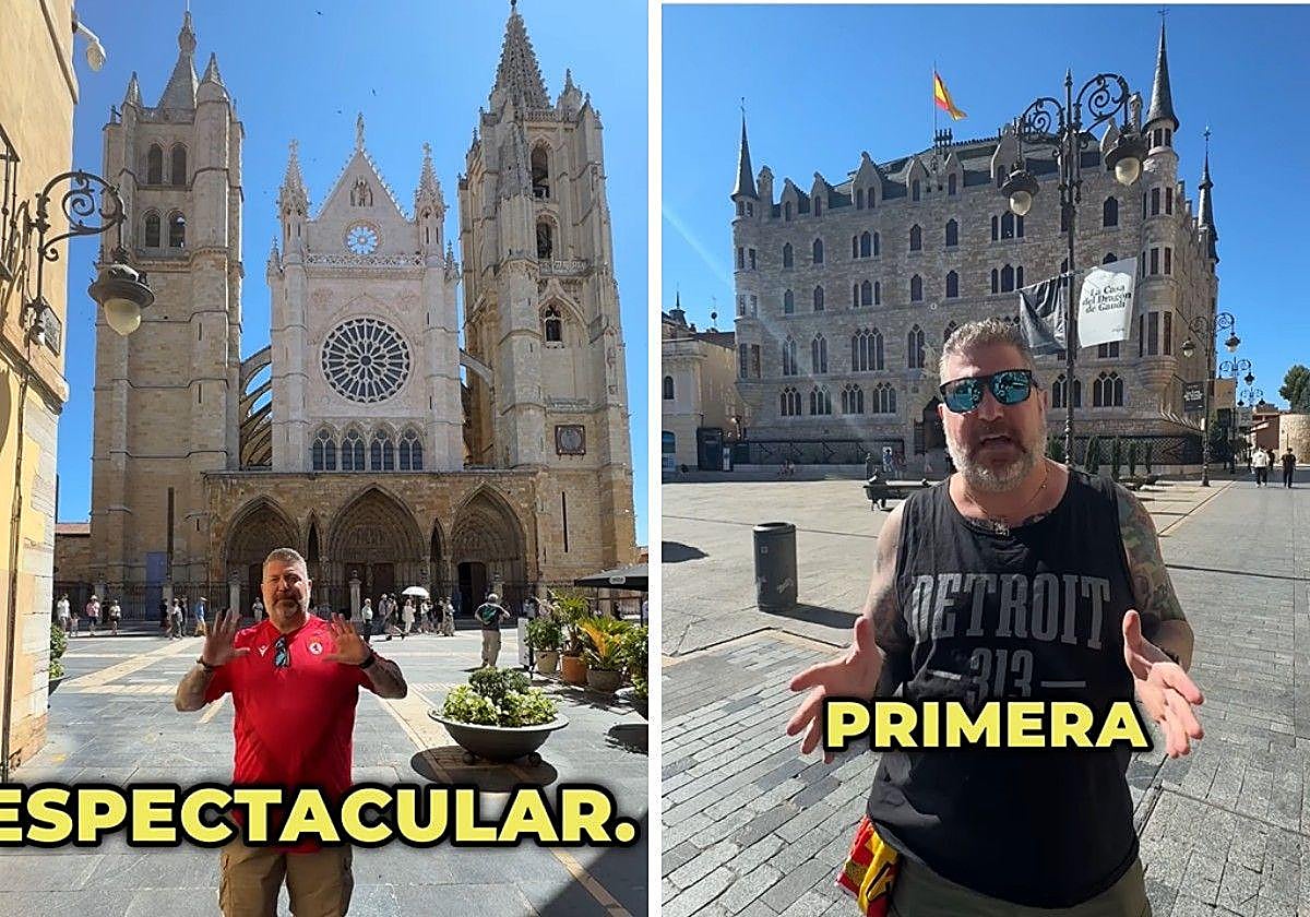 Larry Shy frente a la Catedral y Casa Botines.