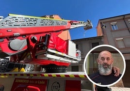 Santos David el día de su despedida y un camión de Bomberos de León.