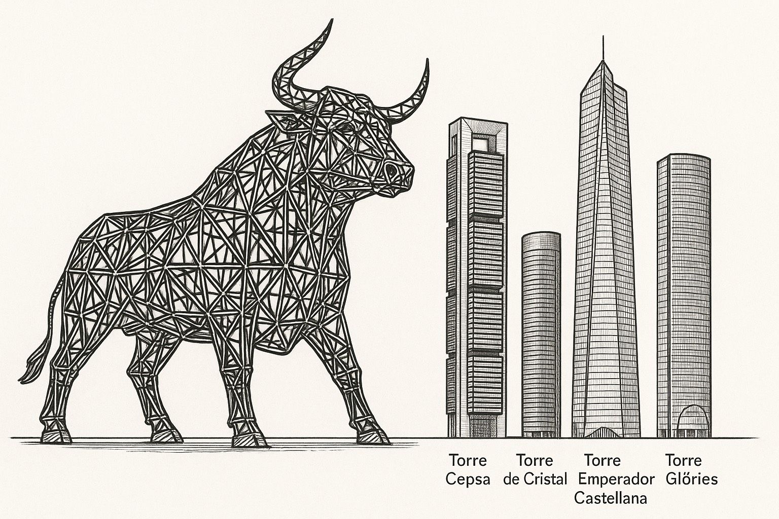 Silueta del toro metálico coparado con los edificos más altos de España.