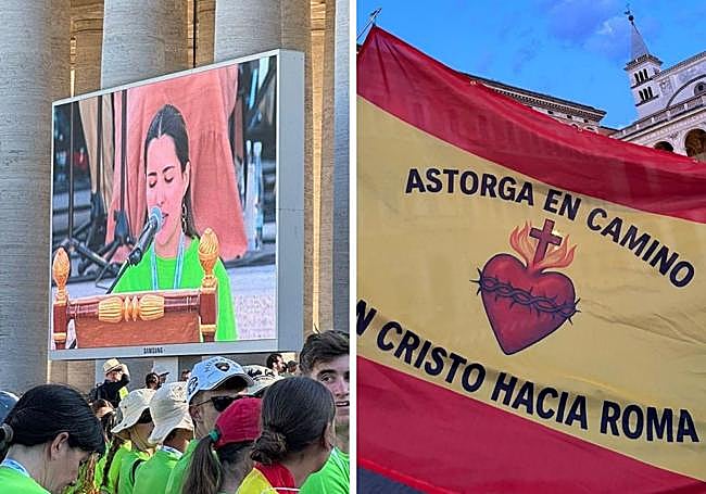 Imagen de maría durante su intervencio en la plaza de San Pedro y una bandera que llevaban los jóvenes de la Diócesis de Astorga.