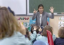 Ayudante técnico educativo dando clase en un aula infantil.
