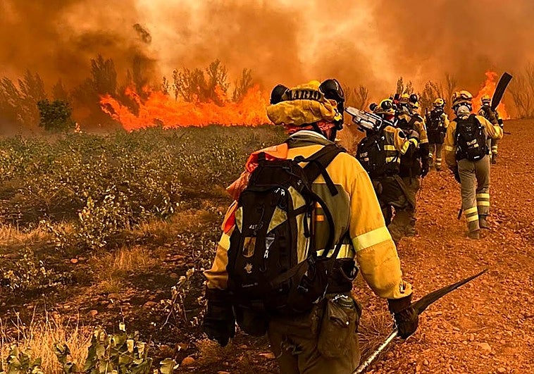 Brigadistas en la complicada lucha contra el fuego.