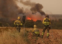 Efectivos de la lucha contra los incendios, en el fuego de Puercas.
