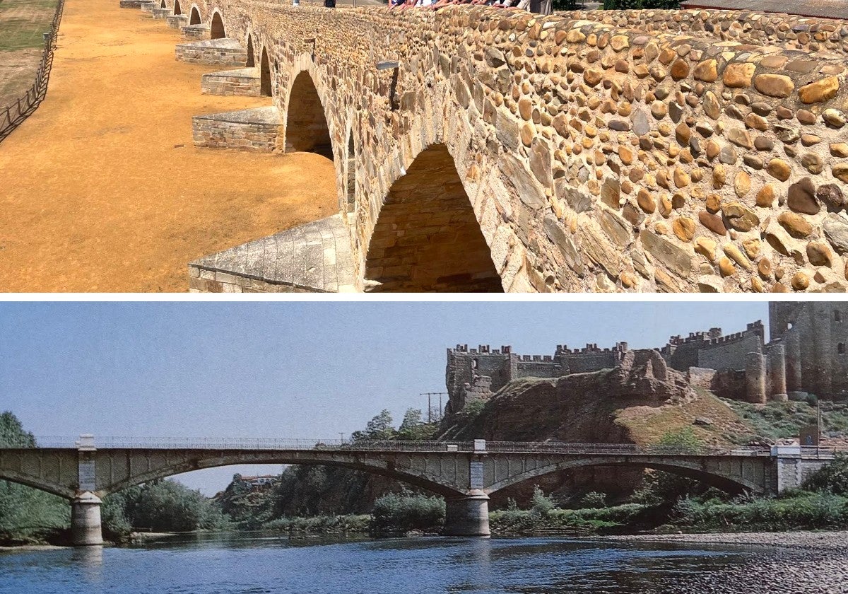 El puente de Paso Honroso en 2025 y el de Valencia de Don Juan sobre el Esla en 1986 antes de sus obras de modificación en la década de 1990.