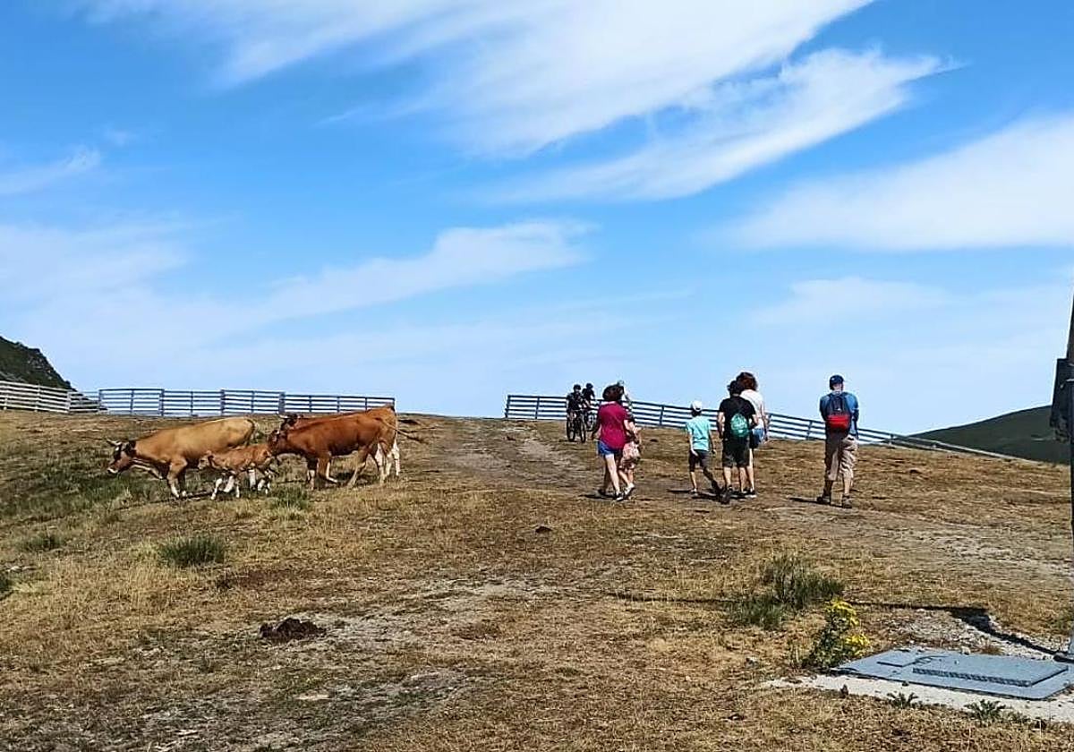 Varios senderistas en el puerto de San Isidro de León.