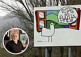 El mural de Sierra en Babia y, en pequeño, el autor.