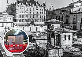 En grande la plaza de San Marcelo en 1971 y, en pequeño, el nuevo aseo en San Pedro.