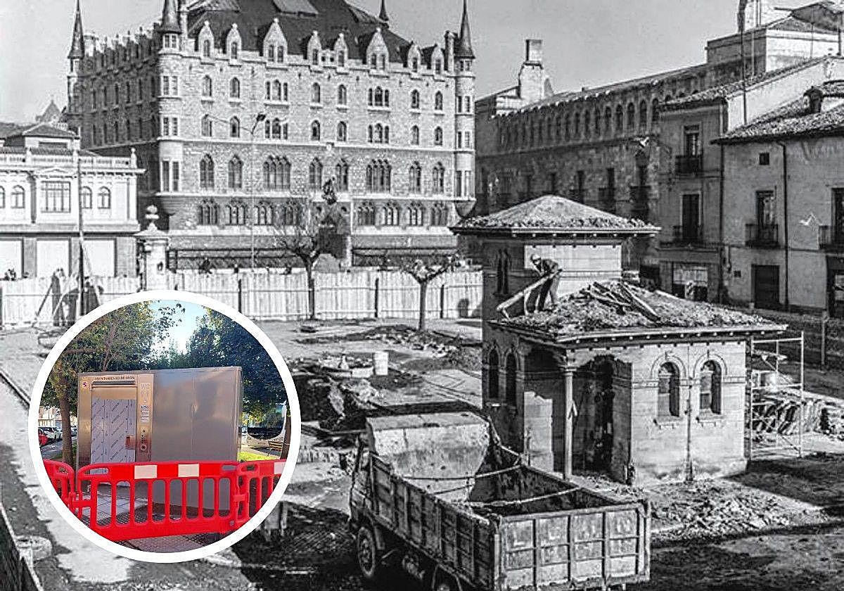 En grande la plaza de San Marcelo en 1971 y, en pequeño, el nuevo aseo en San Pedro.