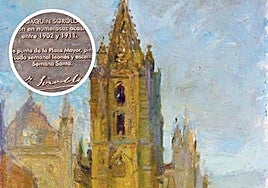Uno de los dibujos de Sorolla sobre la Catedral de León y, en pequeño la placa.