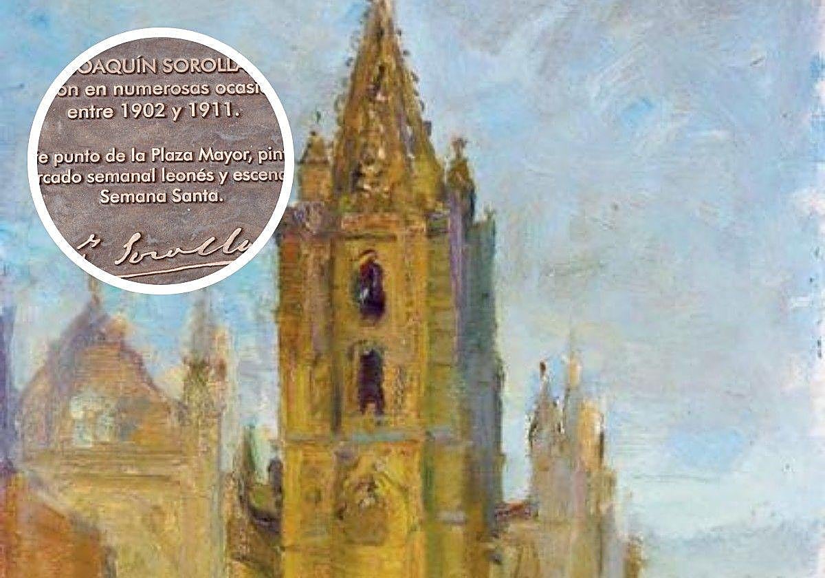 Uno de los dibujos de Sorolla sobre la Catedral de León y, en pequeño la placa.
