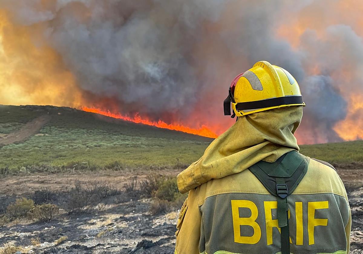 Un brigadista en uno de los incendios de este verano en León.