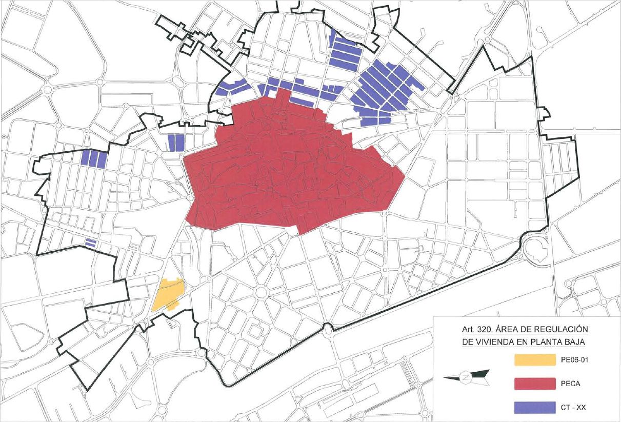 Mapa con el área donde no se pueden modificar los bajos en viviendas - dentro de la línea negra- y las excepciones -en rojo, amarillo y morado-.