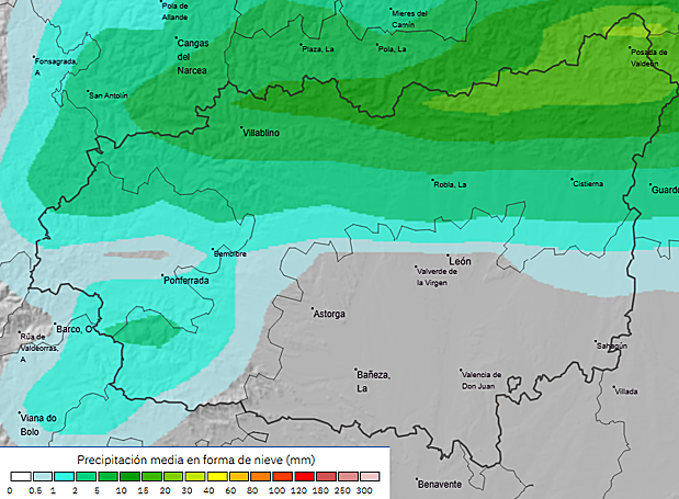 Cantidad de nieve prevista según los modelos meteorológicos para el jueves 20 de noviembre.