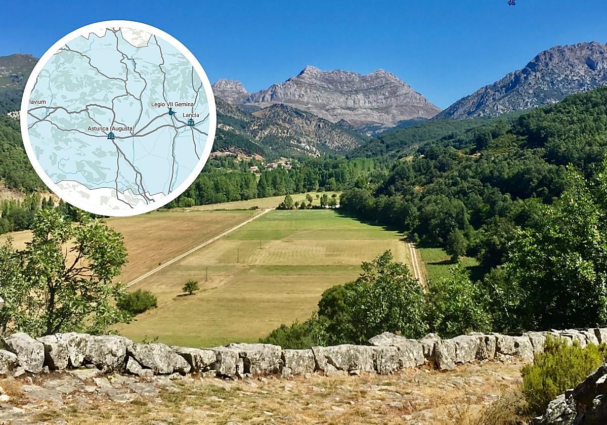 Una calzada romana en Crémenes y un detalle del mapa de las vías romanas en la provincia de León.