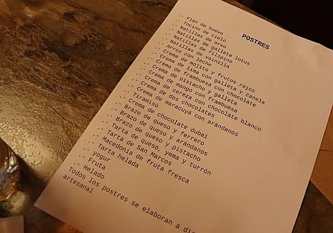 Carta de postres caseros.
