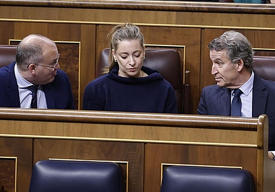 El líder del PP, Alberto Núñez Feijóo (d) junto a los diputados de la formación, Miguel Tellado y Ester Muñoz durante en el pleno que el Congreso.