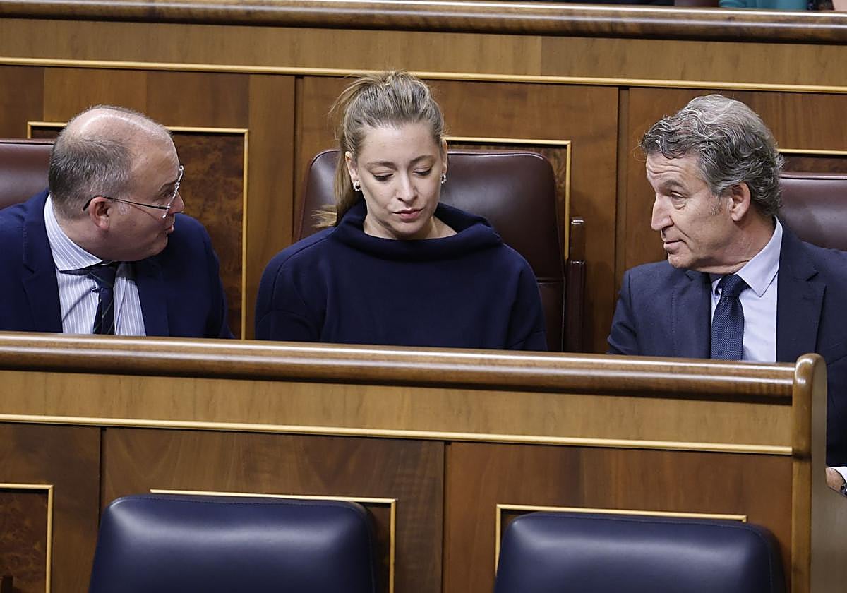 El líder del PP, Alberto Núñez Feijóo (d) junto a los diputados de la formación, Miguel Tellado y Ester Muñoz durante en el pleno que el Congreso.