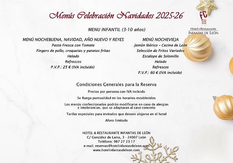 Menús infantiles disponibles en el Hotel Infantas de León para estas fiestas