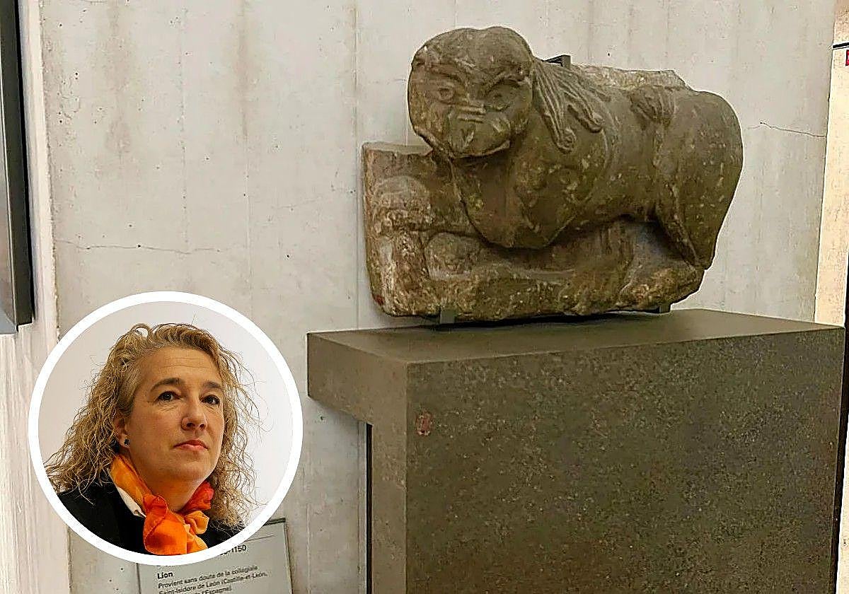 Un león de San Isidoro en el Museo del Louvre y, en pequeño, Raquel Jaén.